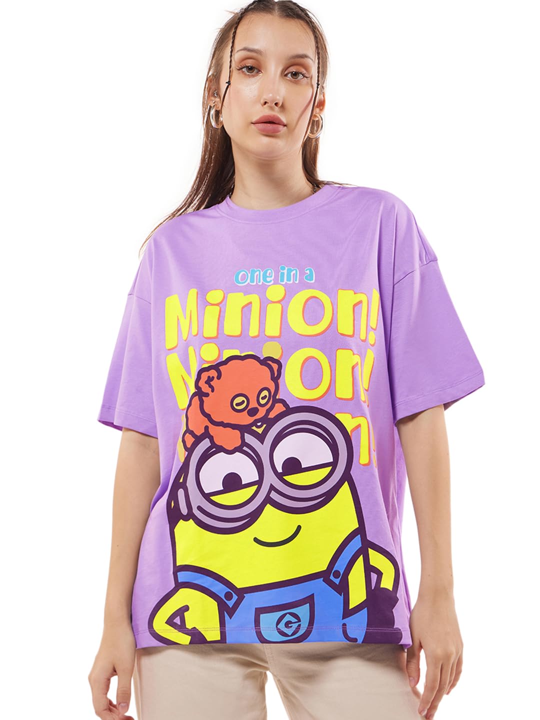 Bewakoof Official Minions Merchandise Women's 100% Cotton Graphic Print Oversized Fit Round Neck T-Shirt-picture-19