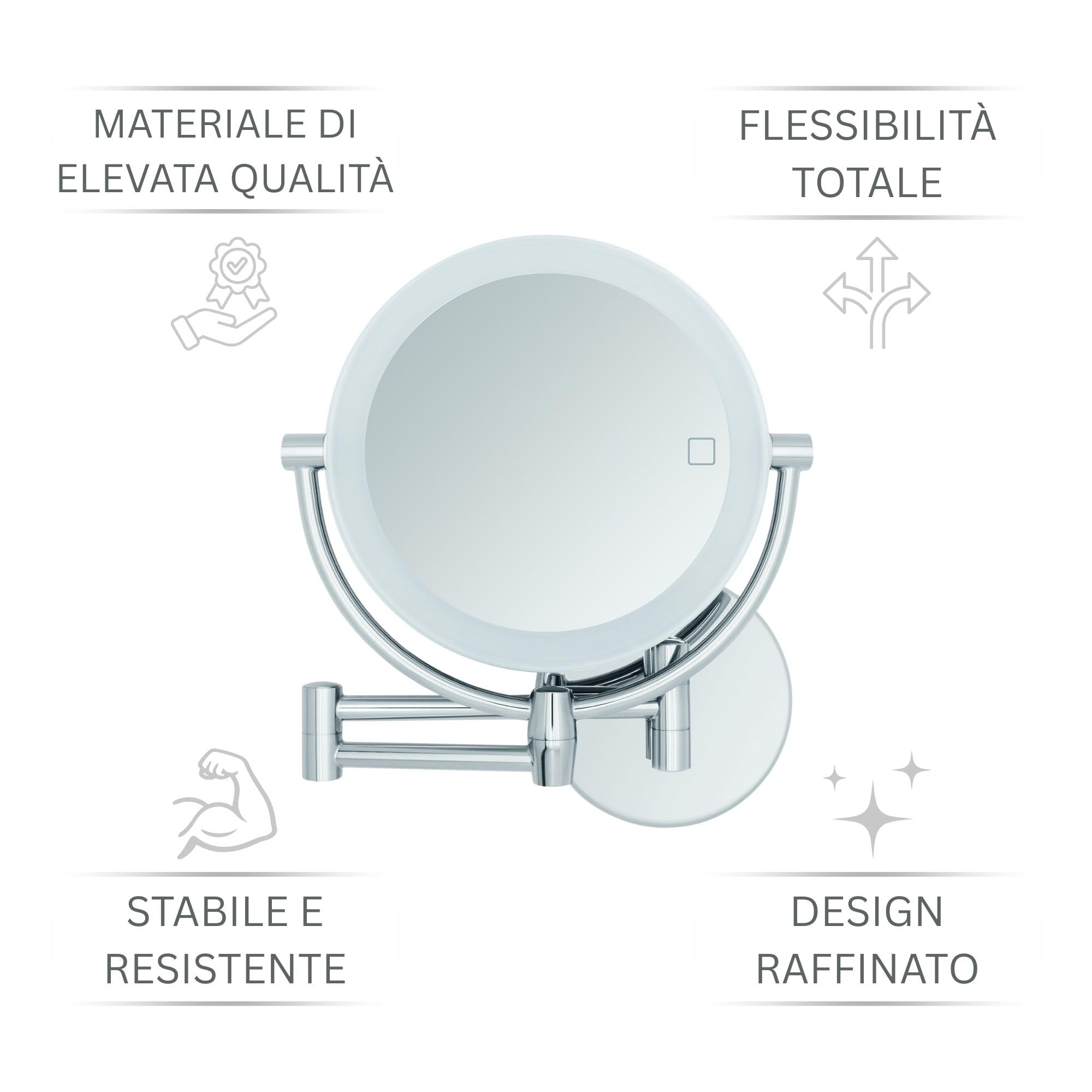 Modena Specchio Ingranditore da Parete a LED – Specchio Trucco Girevole a 360° con Dimmer, Luce Naturale e Ingrandimento per Make-up e Rasatura (5x / 10x USB/batteria)