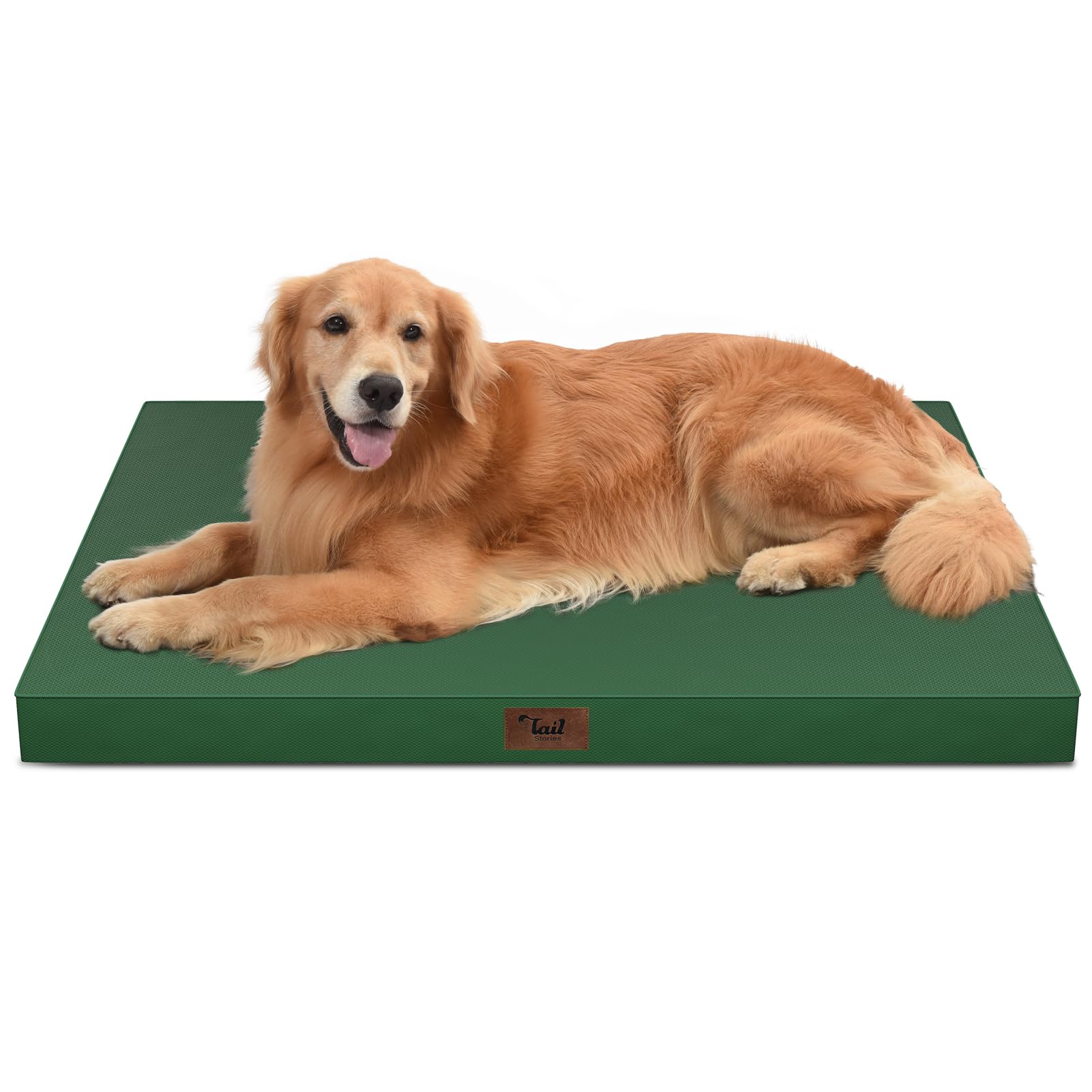 Tail Stories Outdoor Extra Large Dog Bed, Waterproof Dog Bed for Large Dogs, Orthopedic Egg Crate Foam Pet Bed with Washable Removable Oxford Cooling Cover, 44x32 Inch, Dark Green