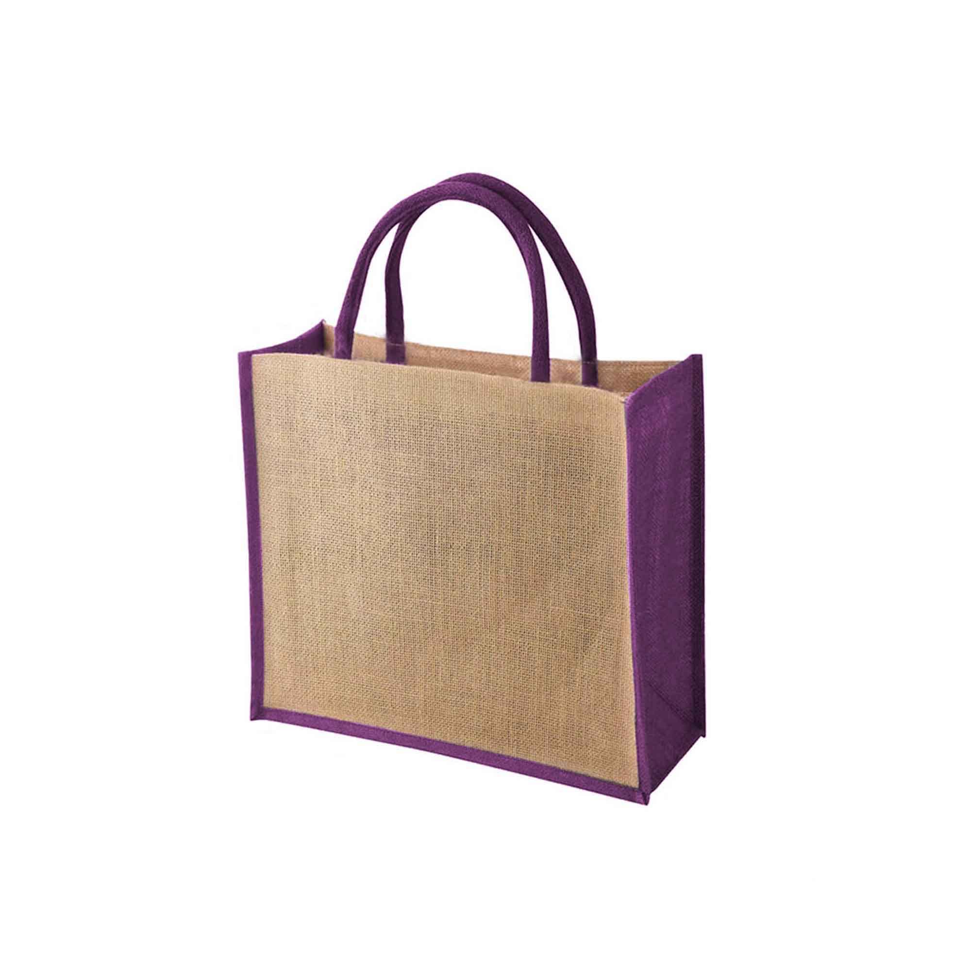 Ecoduka® Classic Supermarket Jute Shopper Bag with Coloured Gussets, Eco Hessian Shopping Bag with Coloured Short Padded Handles | Sustainable Reusable Market Bag | UK Supplier (Purple, 1 Pack)