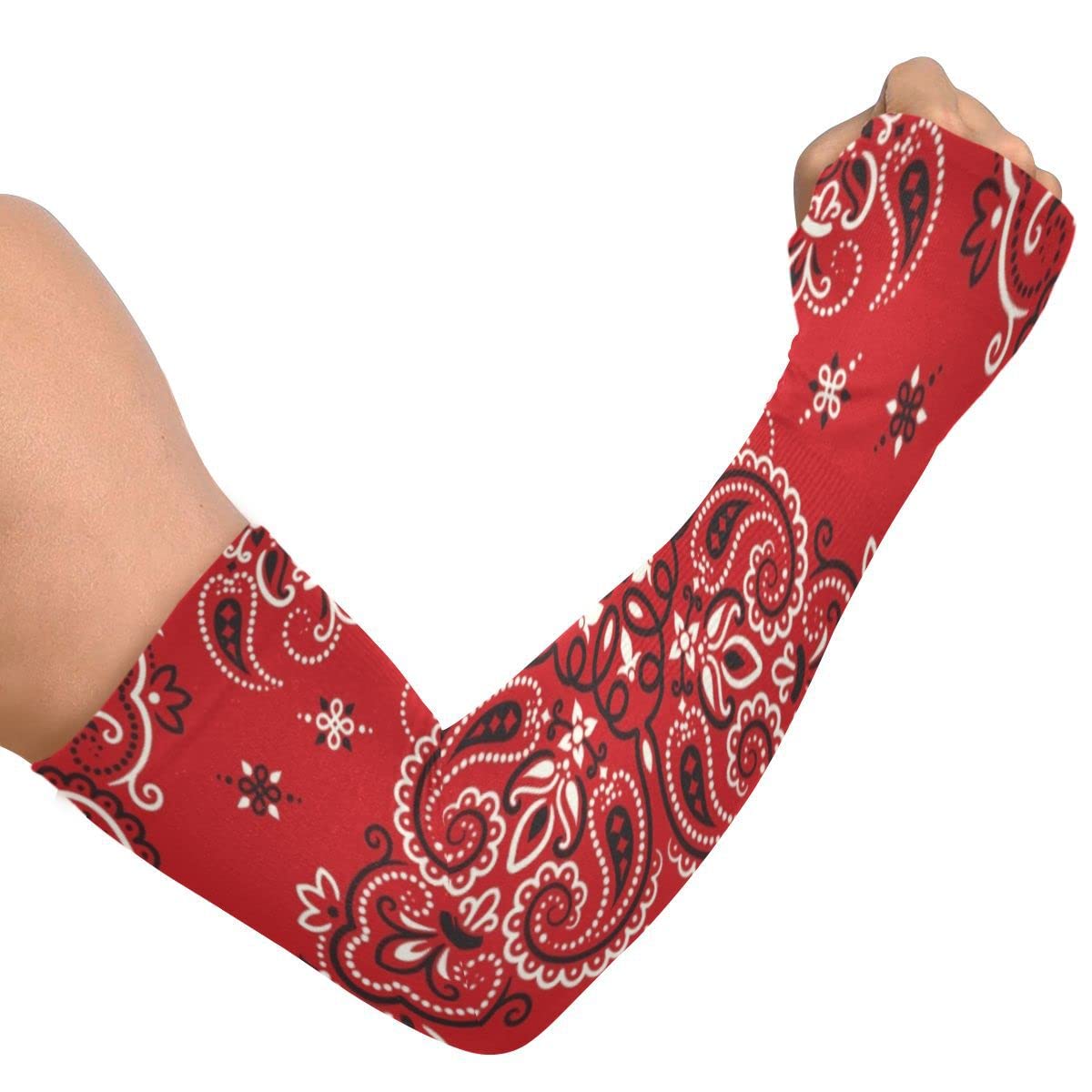 linqin Red Paisley Bandana Print UV Farm Defense Sun Protection Arm Sleeves Compression Cooling Sleeve Cover