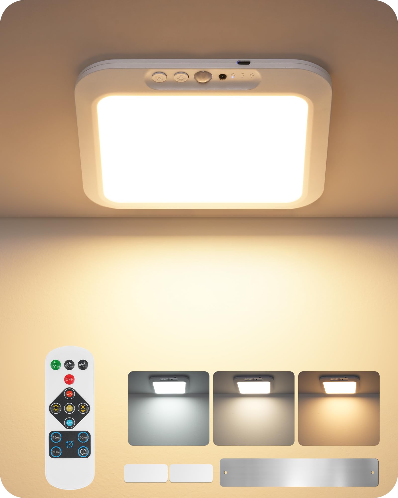 GOEBLESON Rechargeable Motion Sensor Ceiling Light with Remote, 6000mAh Battery, 3 Lighting Modes, Magnetic Wireless, Dimmable Shower Light for Bathroom Hallway Stairs Garage ZW53XDK05N1