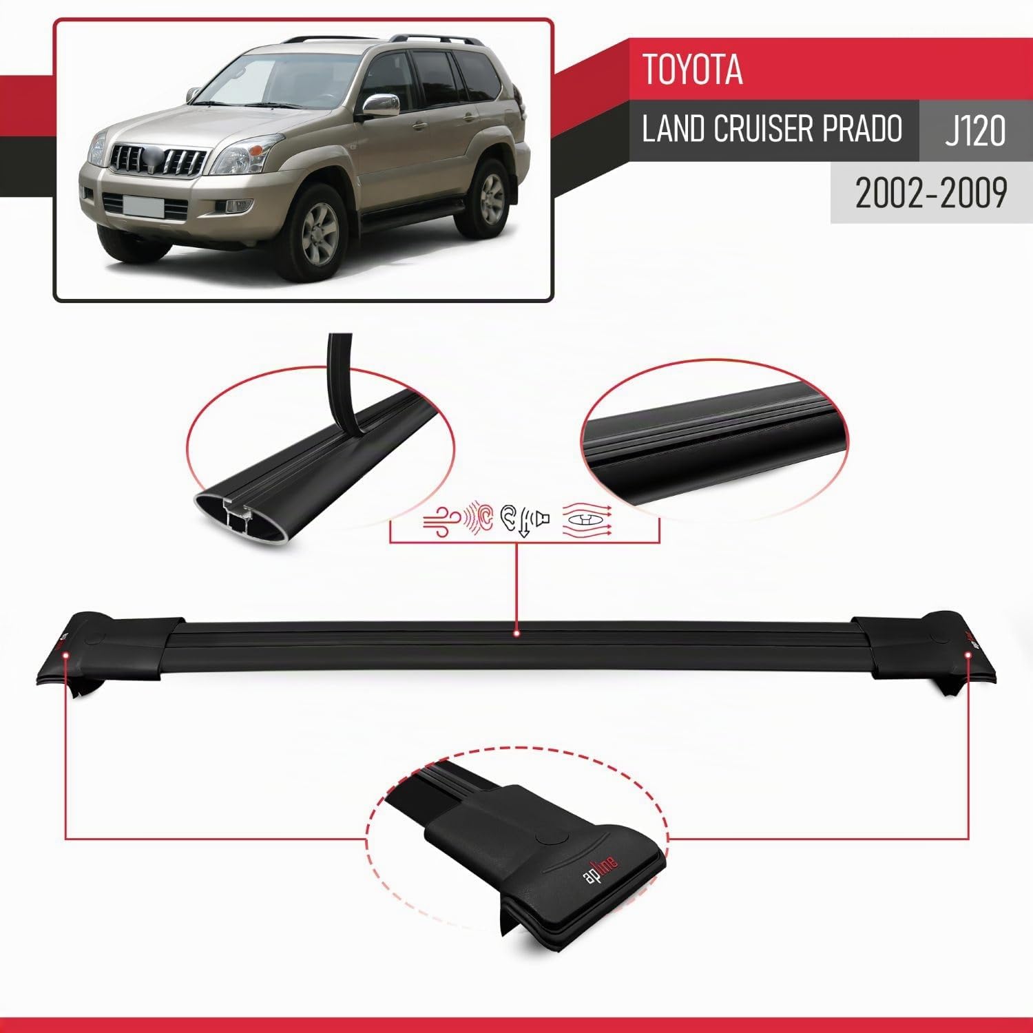 Compatible con Toyota Land Cruiser Prado (J120) 2002-2009 Modelo Fly Barra de Techo Auto Portaequipajes Barras Transversales Negro Aluminio 2 Barras