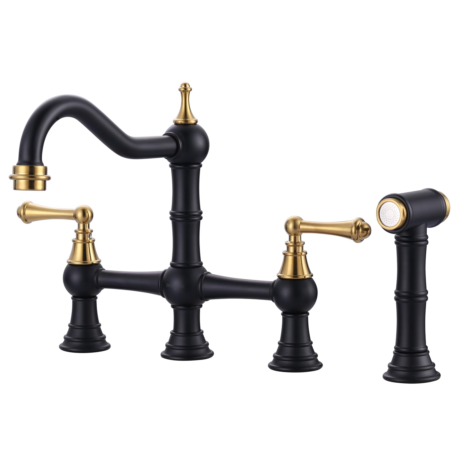 WOWOW Bridge Kitchen Faucet with Side Sprayer, Solid Brass Kitchen Sink Faucet Black and Gold, 4 Hole Two Handle Centerset Mixer Taps Farmhouse Style