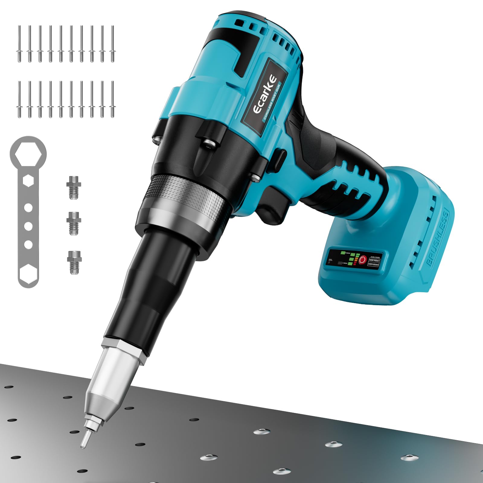 Ecarke Riveteuse sans fil pour Batterie Makita 18V Li-Ion, Brushless Motor avec 20 Rivets en Trois Tailles (3,2/4,0/4,8 mm) & Lumière LED, Idéale pour les Chantiers, Bricolage etc (Sans Batterie)