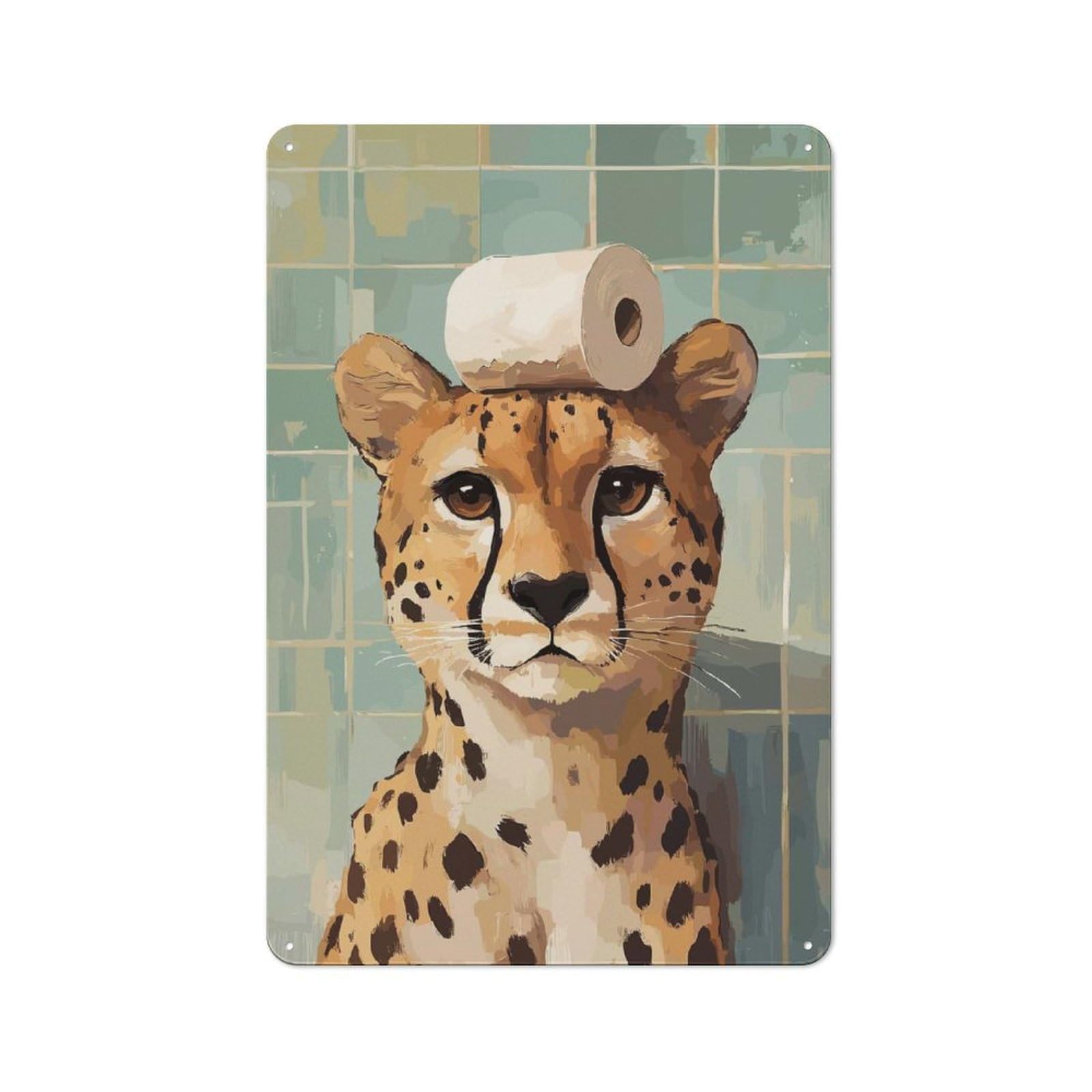 Junmoney Style-20 Cheetah With Toilet Paper On Head Rustic Metal Wall Decor 30X20cm, Decorative Metal Plaque For Shed, Garden Room, Porch Or Garage