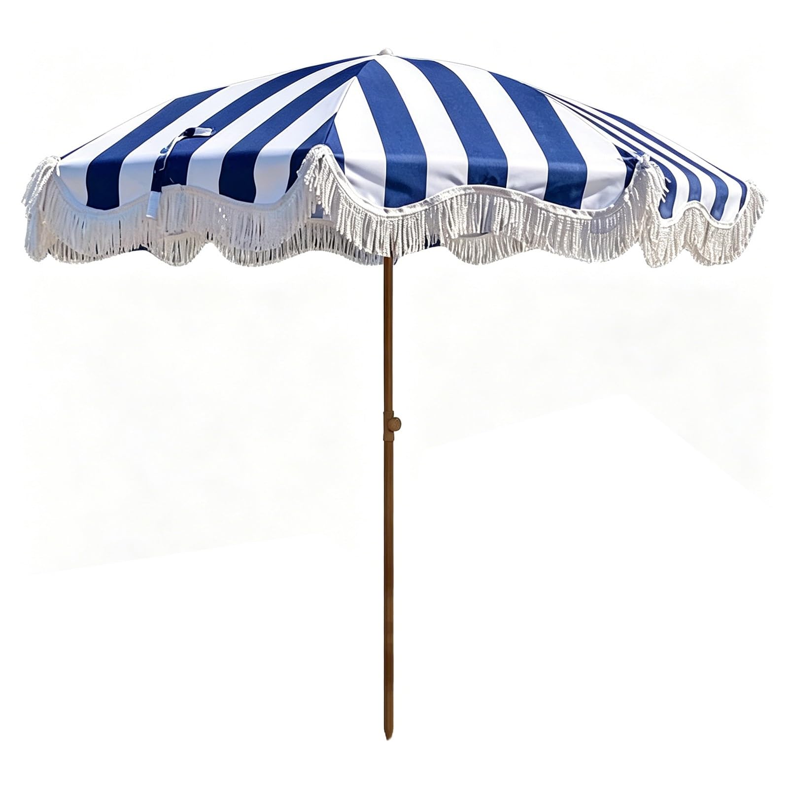 Sombrilla de playa de 200 cm con flecos, sombrilla de patio exterior inclinable, rayas azules, protección UV e impermeable, para piscina, mesa, jardín