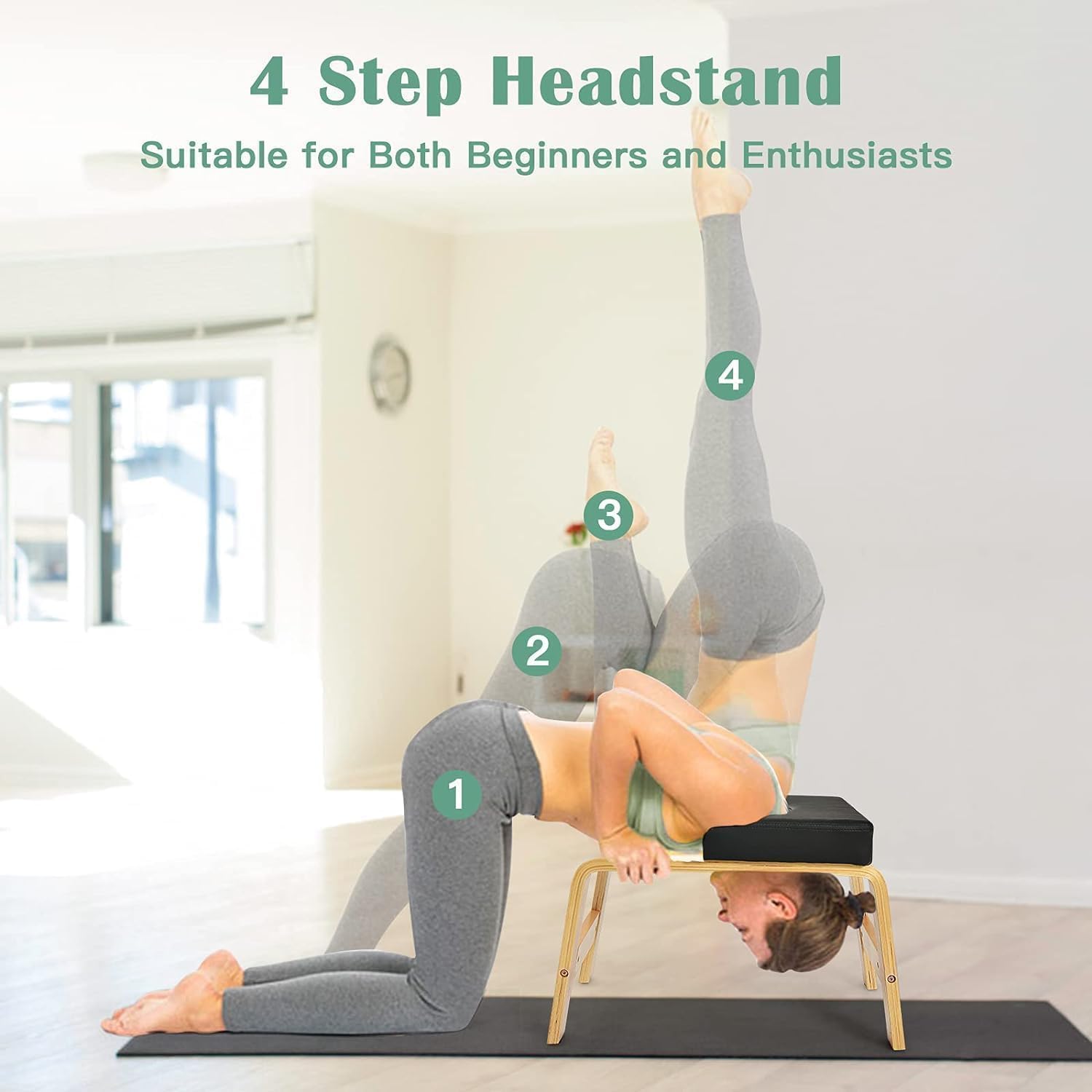 Tabouret de yoga sur tête, chaise d'équilibre, poster d'exercice, inversion avec cadre bois massif, coussins polyuréthane amovibles - Équipement