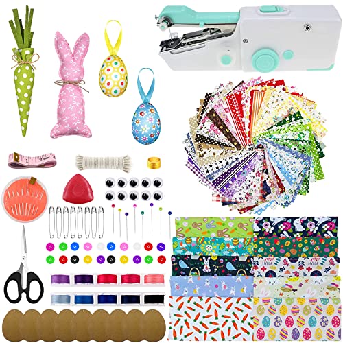 AOUXSEEM Tragbares Hand-Nähmaschinen-Set, enthält 70 Baumwollstoff-Blätter für Ostereier, Kaninchen, Puppen, farbige Flaggen, Ornamente, einfach zu bedienen für Anfänger Cover