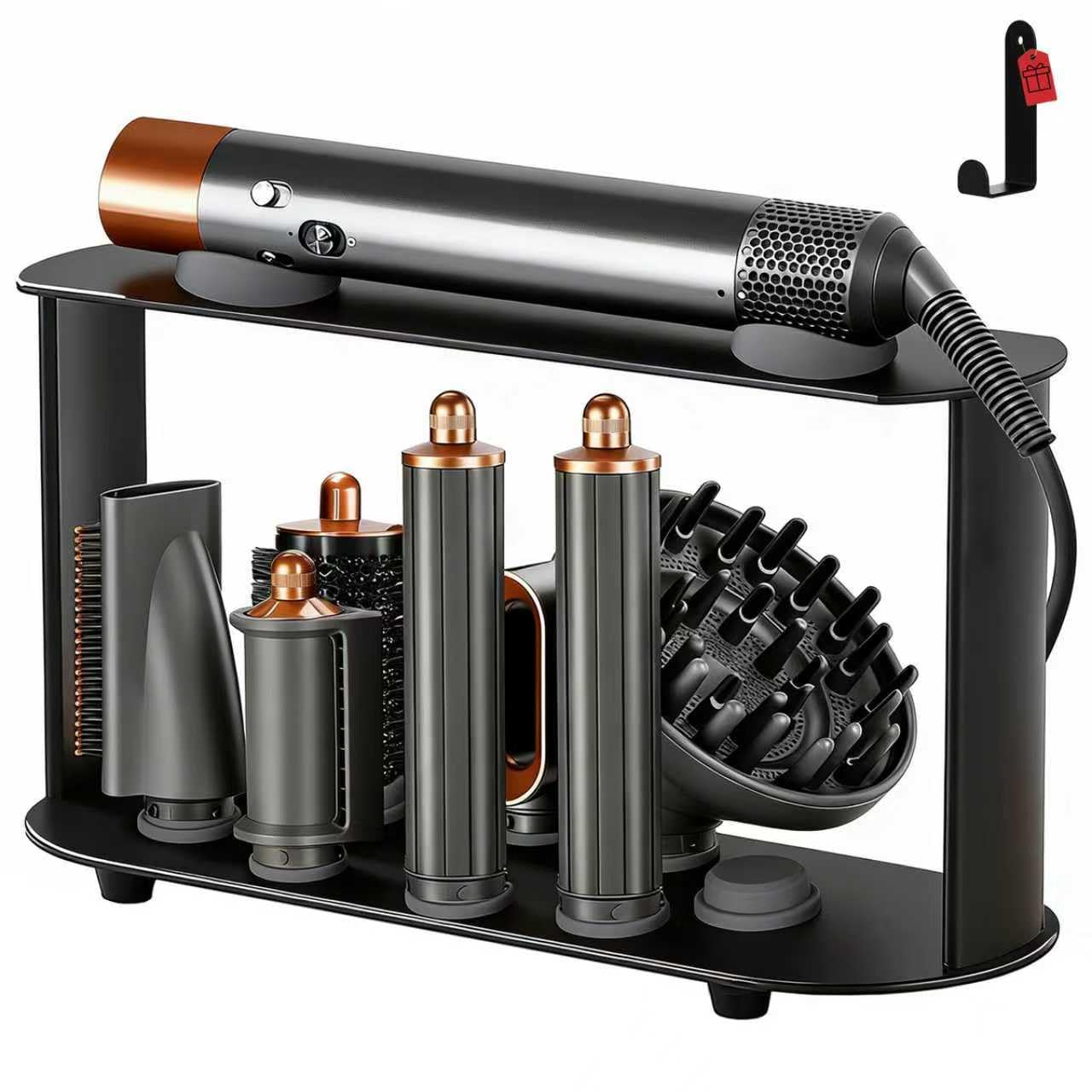 Lesvea Holder for Dyson Airwrap, Curling Iron Accessories Organiser, Countertop Storage Rack for Dyson Airwrap Attachments, Airwrap Hair Dryer Stand with Self-Adhesive Hook, Black-image-41