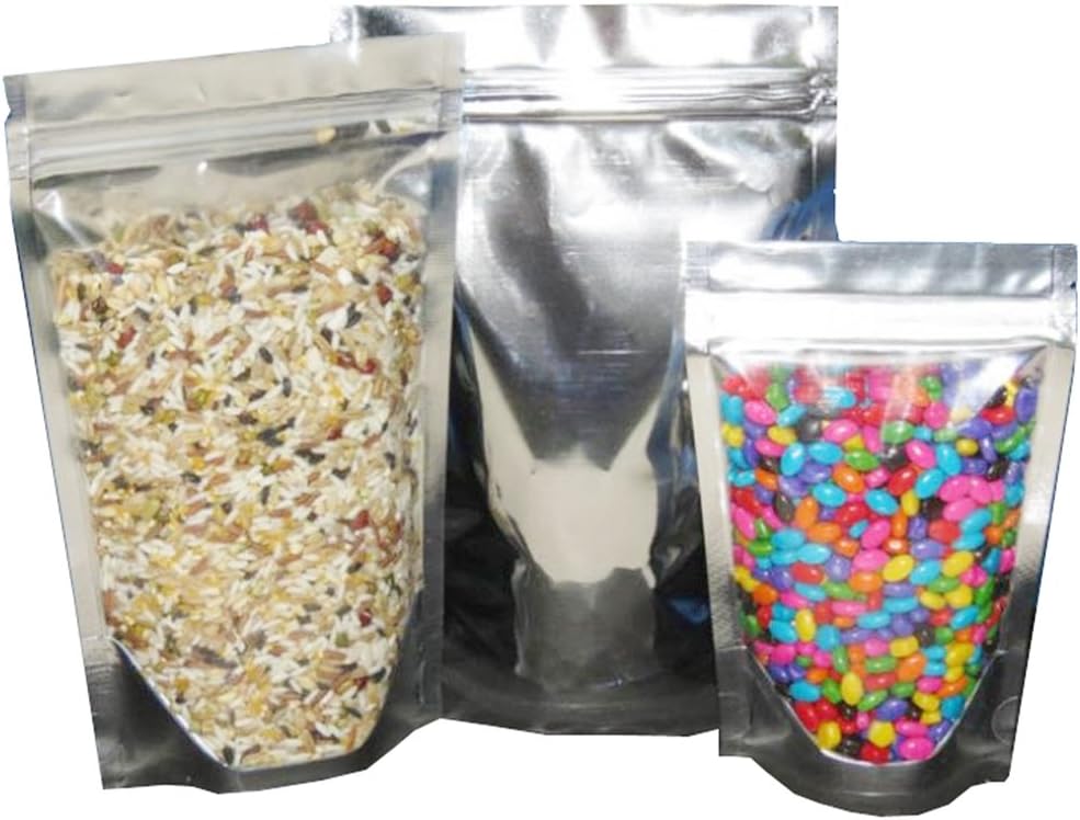 Janerate Pack of 25 Clear & Silver Metallic Food Storage 5x8 Inch Stand up Aluminum Foil Ziplock Bag