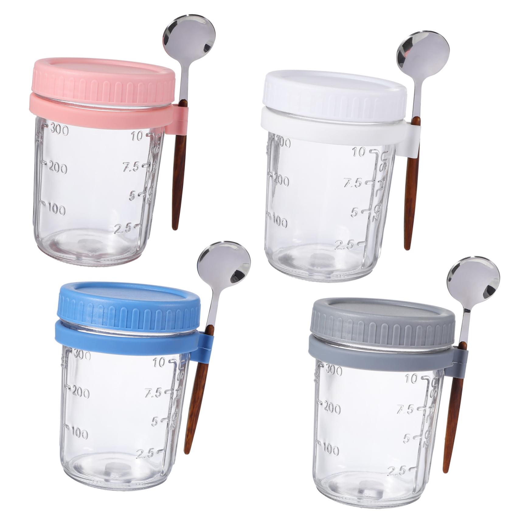 Frascos de Vidrio 400ml con Tapa y Cuchara, Juego de 4 | Boca Grande, Marcas de Medición Visibles, Silicona Cierre, Uso en Cocina y Oficina