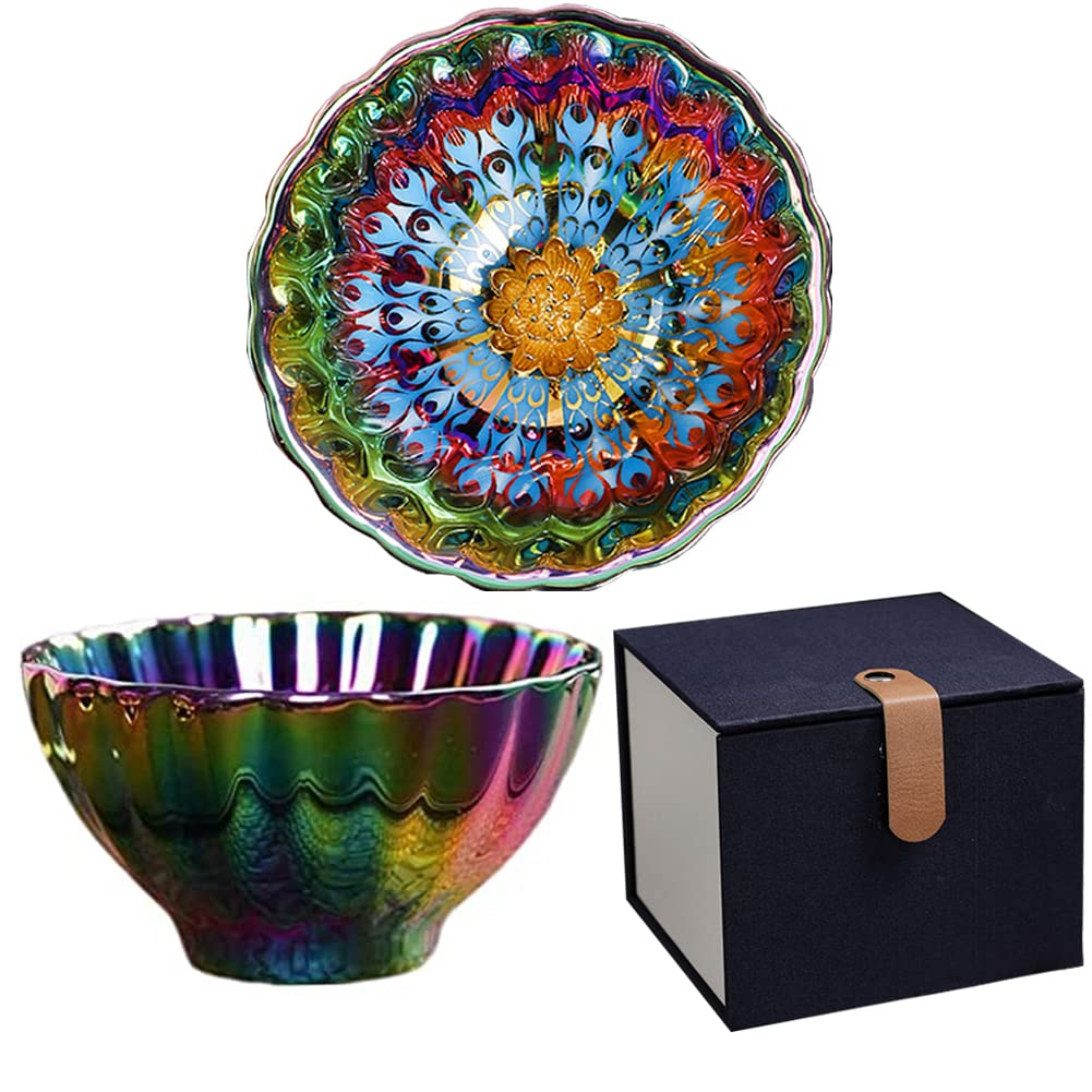 PEWRESLORS Beautiful Colorful Glaze Ceramic Tenmoku Tea Cup Handmade JianZhan Chinese Teaism Kungfu Tea Cup Tea Set with Gift Box(Gold Lotus)