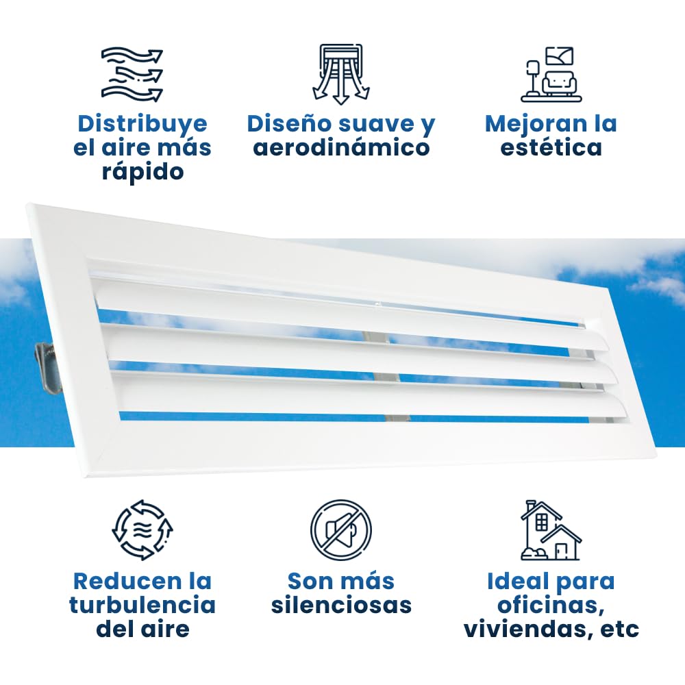 Rejilla Ventilacion Rectangular Blanca Lama Curva Horizontal para Aire Acondicionado con Marco para Conductos de Aire Acondicionado (300x100)
