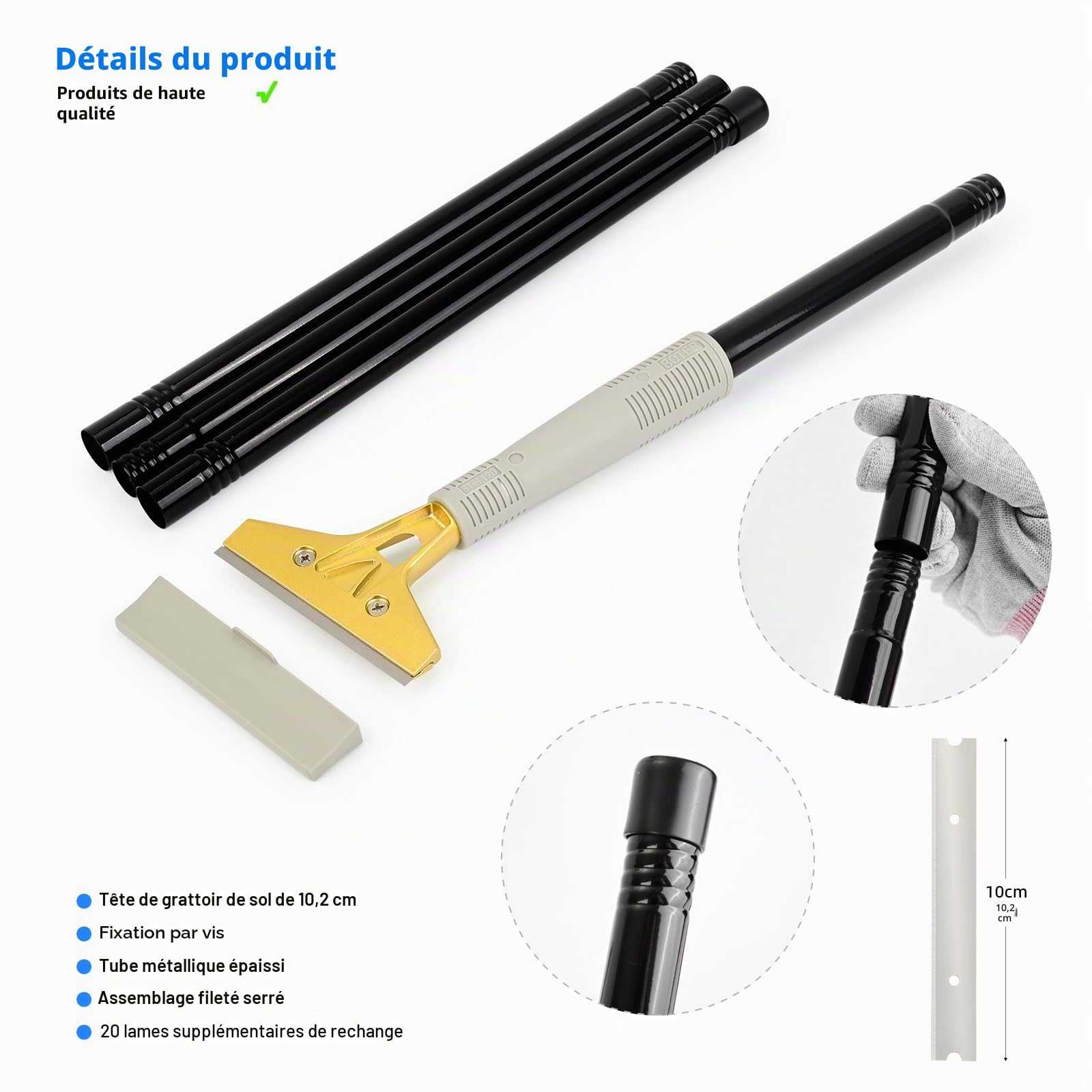EHDIS Kit Grattoir Vitre - Grattoir 4INCH avec Long Manche(15-58INCH) et Grattoir Plaque Vitrocéramique, avec 30 Lames, pour Carrelage, Papier Peint, Colle, Miroir, La Table de Cuisson