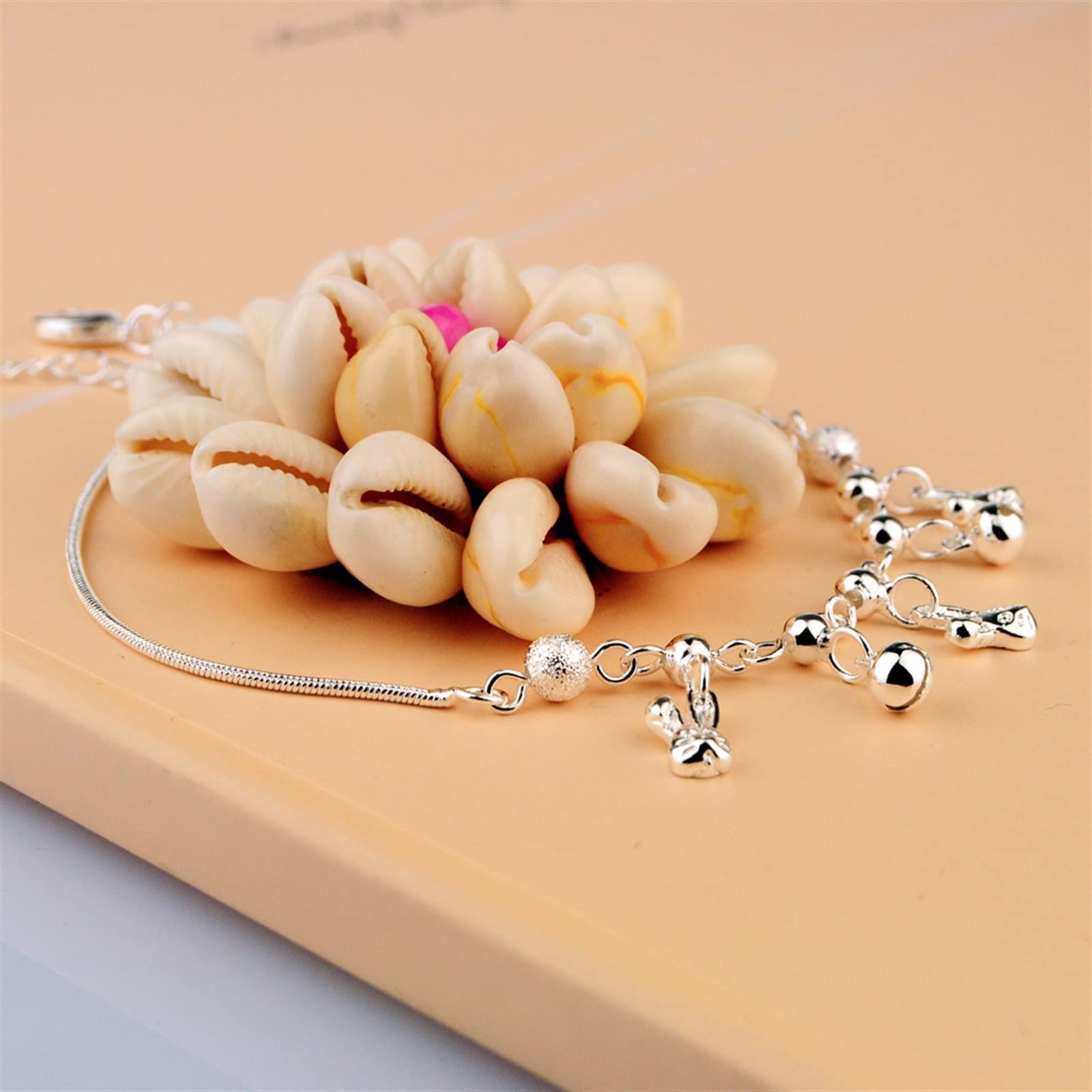 Tobilleras Tobillera de Plata de Ley 925 para mujer, joyería para pie con campana de conejito, sandalias descalzas para playa y verano, tobilleras para mujer