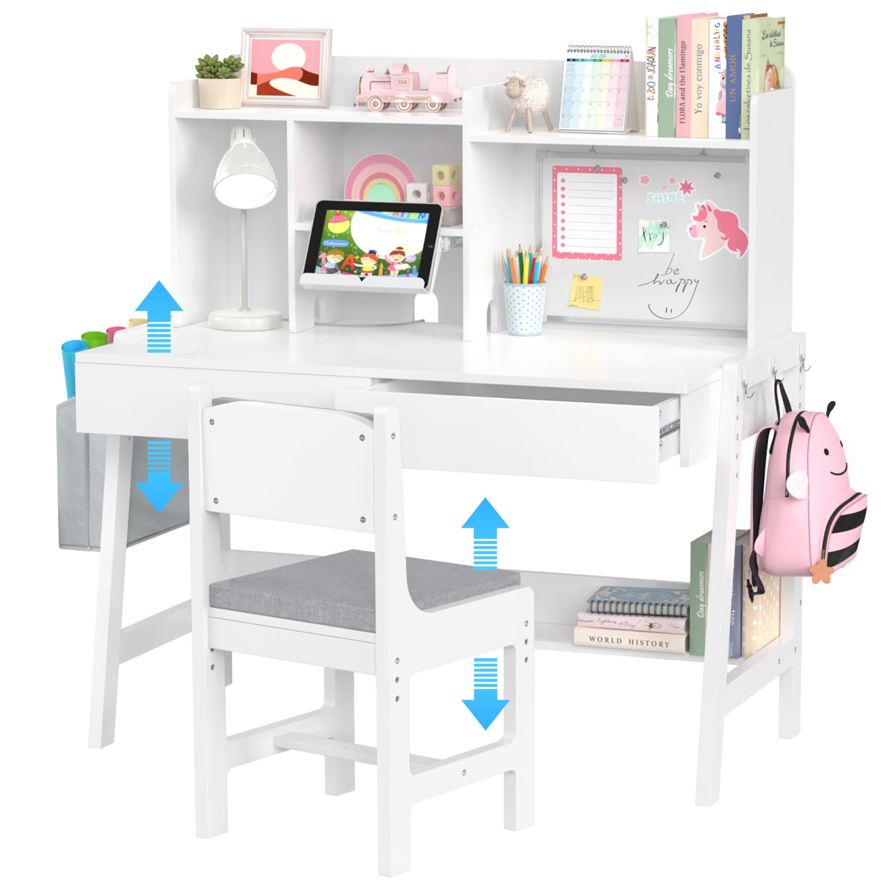 GDLF Kids Study Desk and Chair Set, Adjustable Children Study Table with Chair, Kids Wooden Study Desk with Hutch, Drawers, Book Stand, Whiteboard and Fabric Storage Bag for 5-12 Years Old