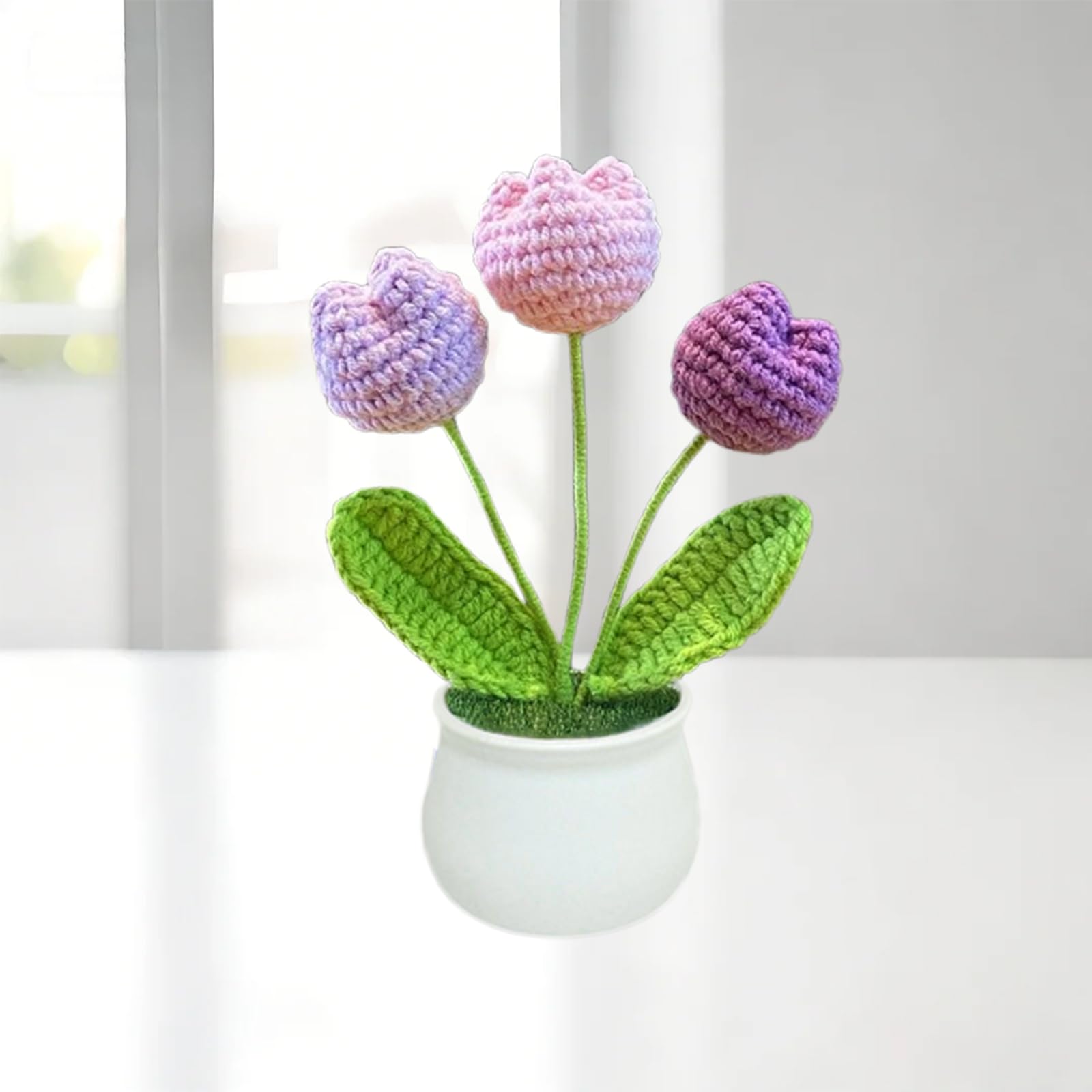 Esyzsss Crochet Flower Bouquet,Knitted Flowers,Hand Woven Bell Orchid,Simulated Small Potted Plant With Pure Hand Crocheted Flowers,Suitable For Home And Office Desktop,Car Decoration (Purple tulip)