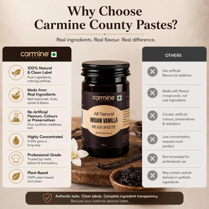Image of Carmine County All Natural Pure Indian Vanilla Bean Paste 100g | No Added Sugar, Gluten-Free | Rich Flavor for Baking, Cooking, Ice Cream, Cakes, Cookies, Custards, Coffee, Milkshakes & Frosting | Vanilla Extract Substitute