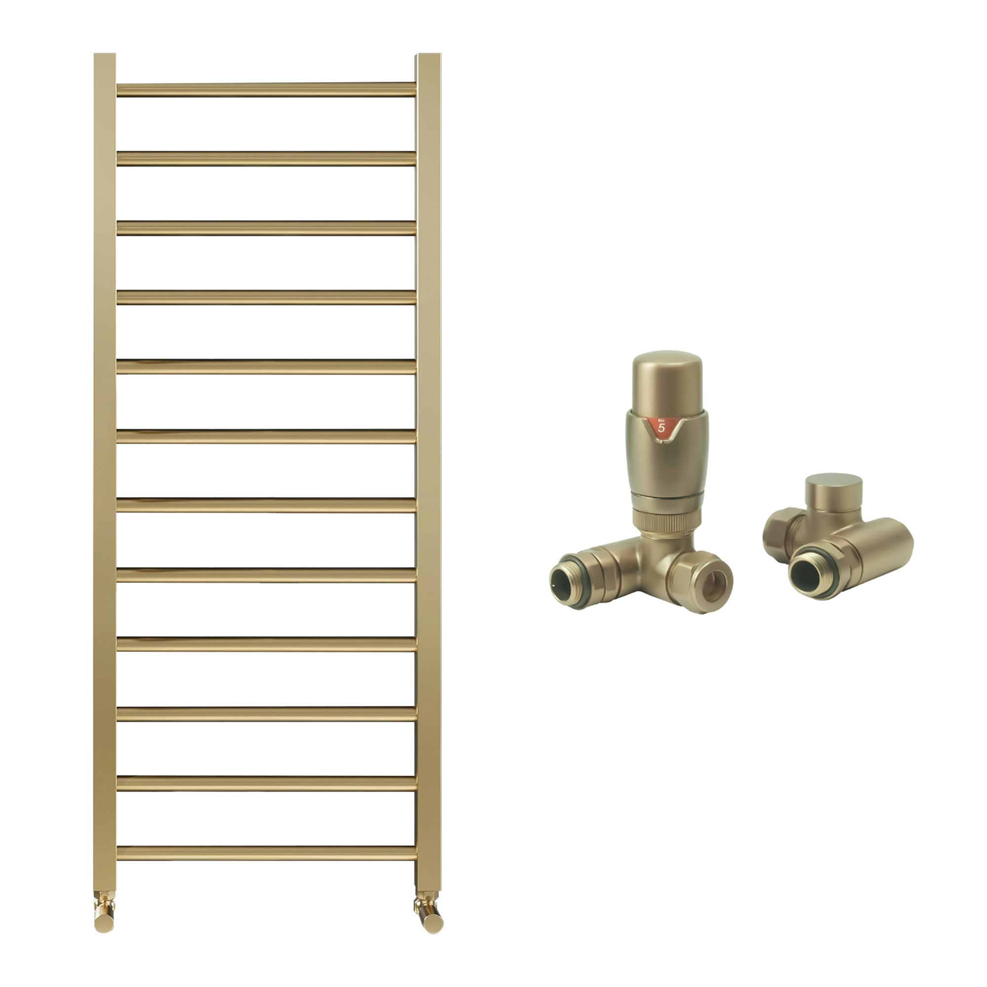 Brushed Brass Bathroom Straight Heated Towel Rail Radiator 500 x 1200 & Dual Fuel Thermostatic Valves