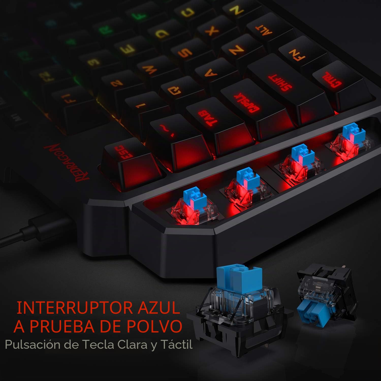 Redragon K585 DITI - Teclado de Juego mecánico RGB de una Mano, Teclado de Juego Profesional con Cable Tipo C con 7 Teclas Macro integradas, reposamuñecas Desmontable, 42 Teclas, US Layout