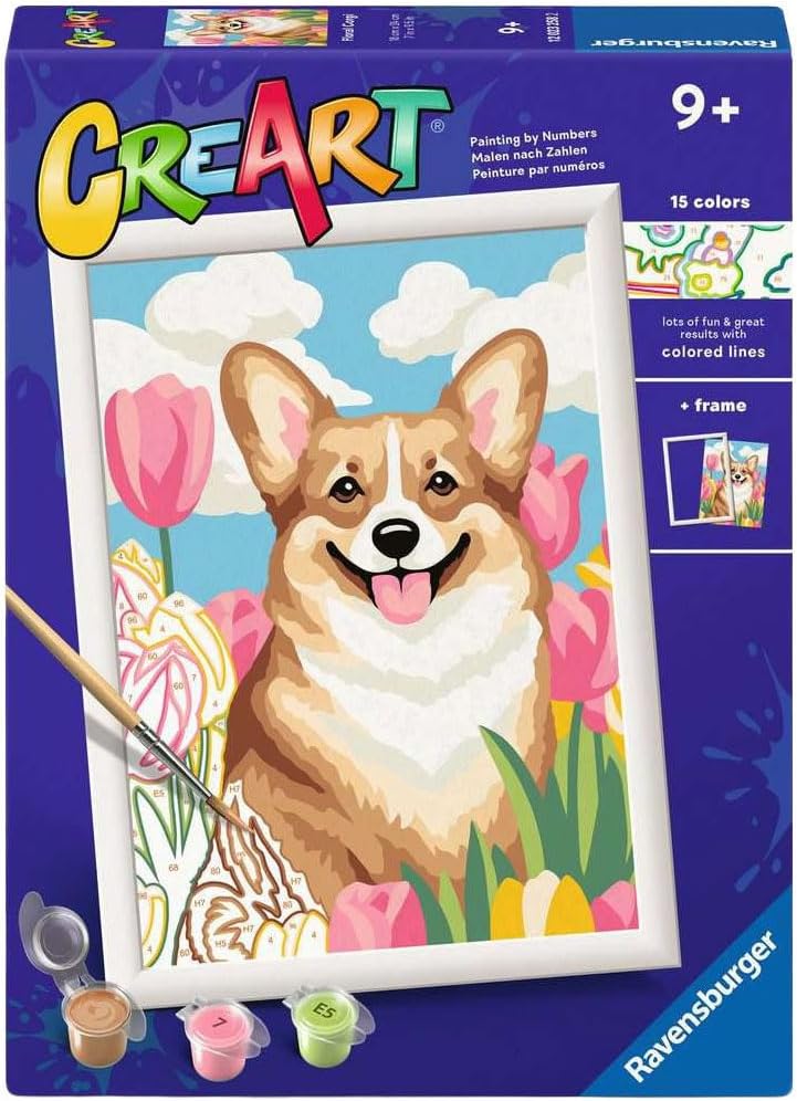 Ravensburger - CreArt D Series - Corgi | Children's Painting Kit | Size 25 x 18.30 | Girl Games 9 Years | Paint By Numbers | Gift Ideas | Child Gift 9 Years