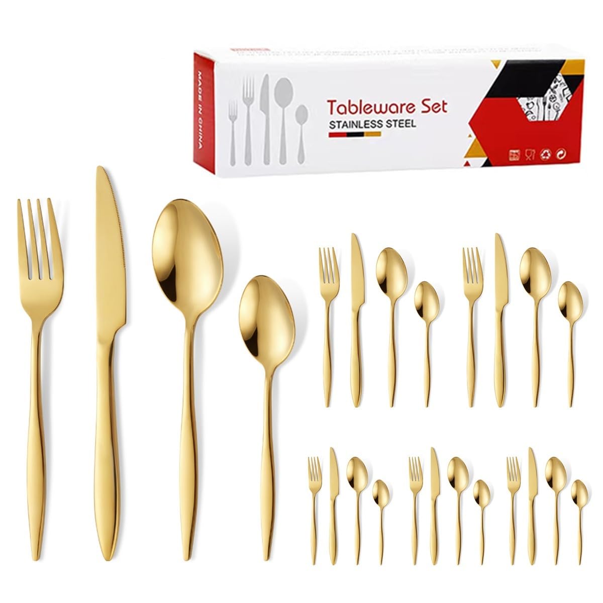 OLSKFUH Cutlery Flatware Cutlery Set, 24-Piece Stainless Steel Cutlery Set With Pointed Handles, Steak Knife, Fork, Dessert Spoon Set For 6 Persons,Gold