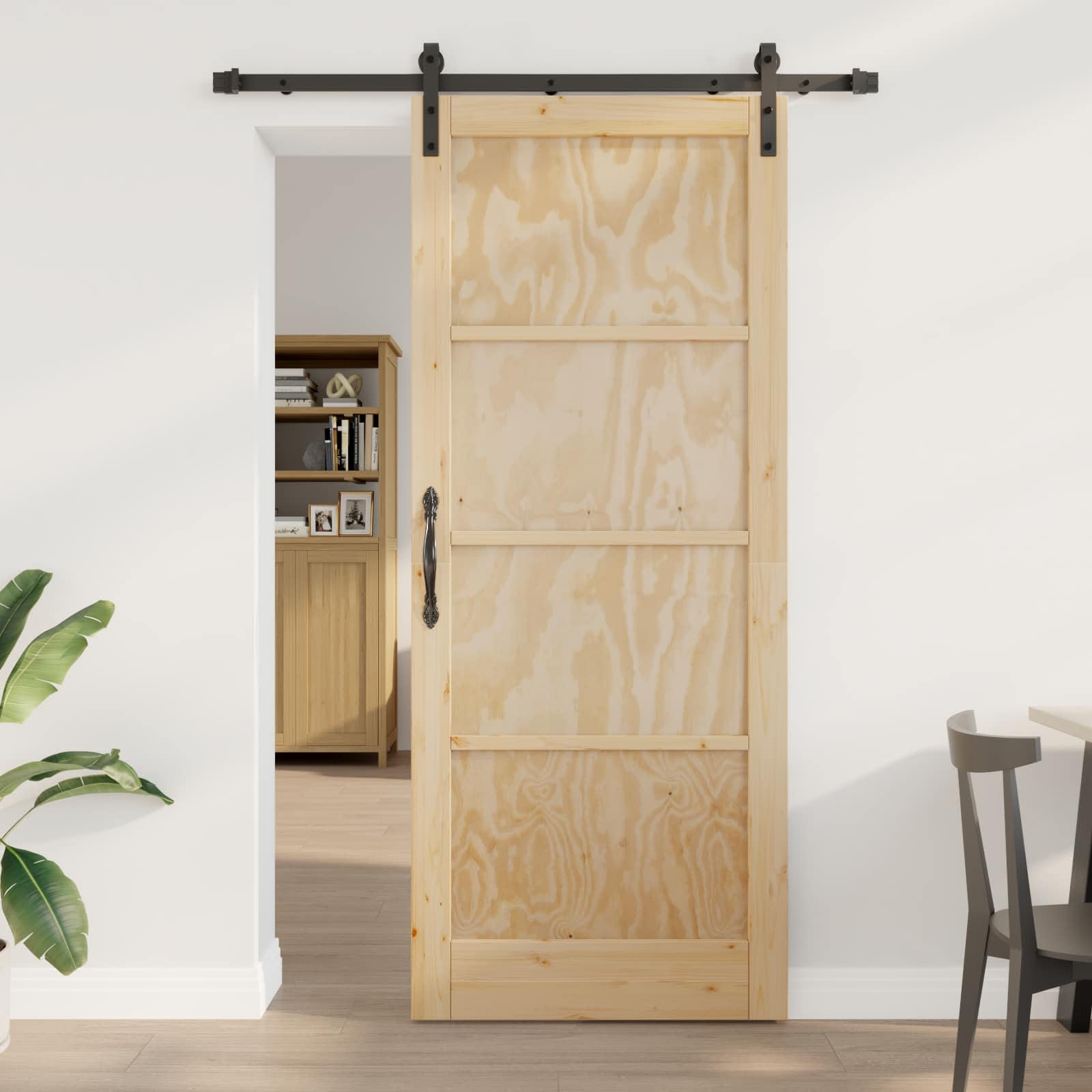Drzwi przesuwne naturalne z litego drewna sosnowego, 86 x 211 cm, z malowaną proszkowo stalową szyną, oszczędzające miejsce wzornictwo, delikatne przesuwanie, idealne do wnętrz i renowacji