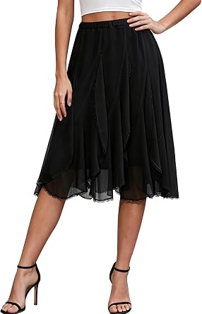 BAISHENGGT Womens Summer Chiffon Flowy Skirts Elastic High Waisted Ruffled with Lace Trim Flared A-Line Midi Skirt