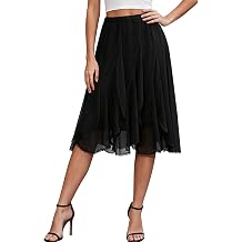 BAISHENGGT Womens Summer Chiffon Flowy Skirts Elastic High Waisted Ruffled with Lace Trim Flared A-Line Midi Skirt