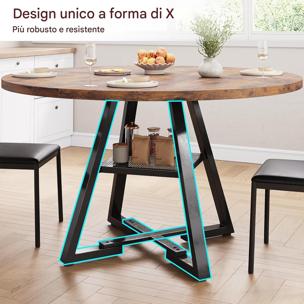 Shally Dogan Tavolo Rotondo per Sala da Pranzo e Cucina Diametro 120cm, Gambe in Metallo con Ripiano Portaoggetti Inferiore e Piano in Legno, Ideale per Casa e Ufficio, Industrial