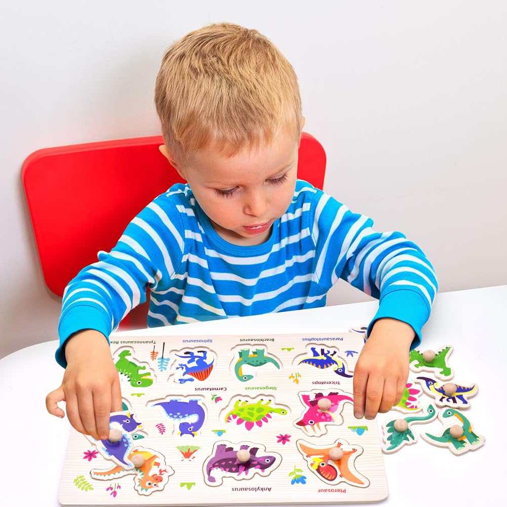 Dinosaurios Puzzle de Madera, Dinosaurios Rompecabezas de Madera Juegos, Puzzle Madera Infantil, Motricidad Fina y Concentración, Juguetes Bebes Educativos Regalos para Niños Niñas