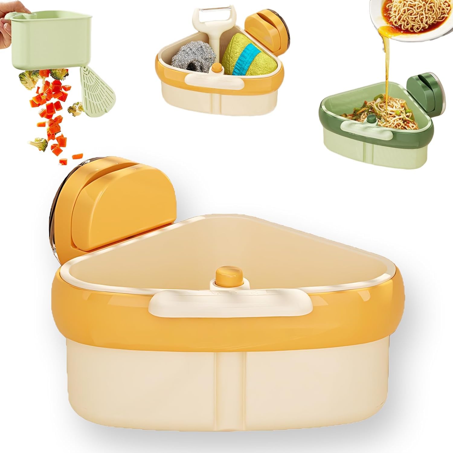 Suction Cup Sink Corner Rack,Corner Sink Strainer,Removable Triangular Sinks Trash Catcher,Multipurpose Plastic Sink Storage Rack Holder,Button Design,One-Touch Dumping,For Kitchen Bathroom (Yellow)