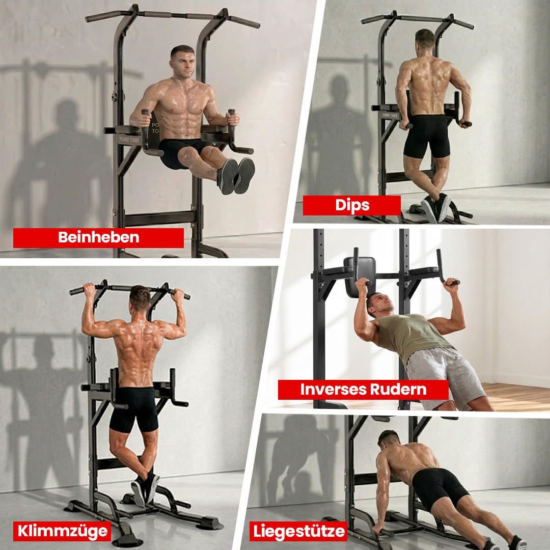 ManiBoom "FELSENFEST" Klimmzugstange freistehend (220 KG) - Höhenverstellbare Power Tower (165-235 cm) mit Anti-Kipp-Basis - Pull Up Station für Calisthenics, Dips & Bauchtraining Zuhause