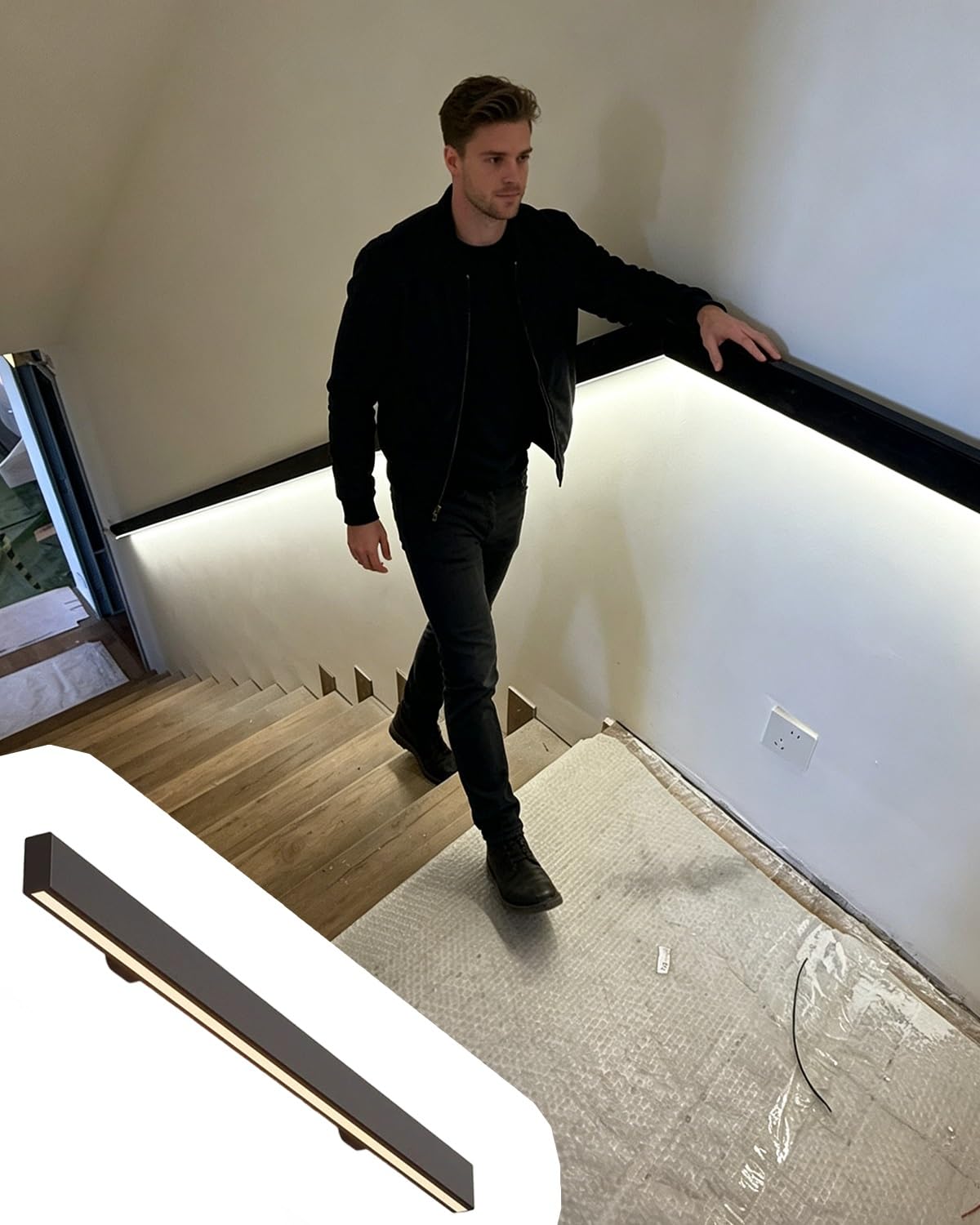 Matte Rectangle Stairs Handrail - Motion Sensor LED Lighting, Downwash Light Staircase Support Railing, Basement Hallway Wall Baluster(Right,7ft/215cm)