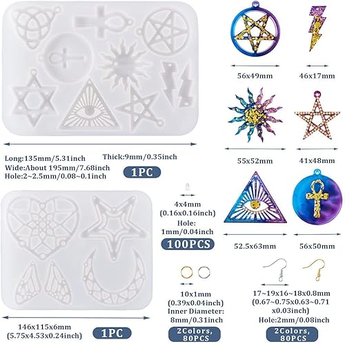 Miniatura 5 de KISSITTY Moldes de silicona con colgante de corazón y luna y luna para mujeres y niñas, aretes de temática celestial, moldes de fundición de resina