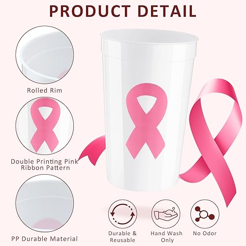 Miniatura 3 de Sliner Paquete de 24 vasos de plástico de 16 onzas para concienciación sobre el cáncer de mama con cinta rosa, vasos de plástico para estadios,