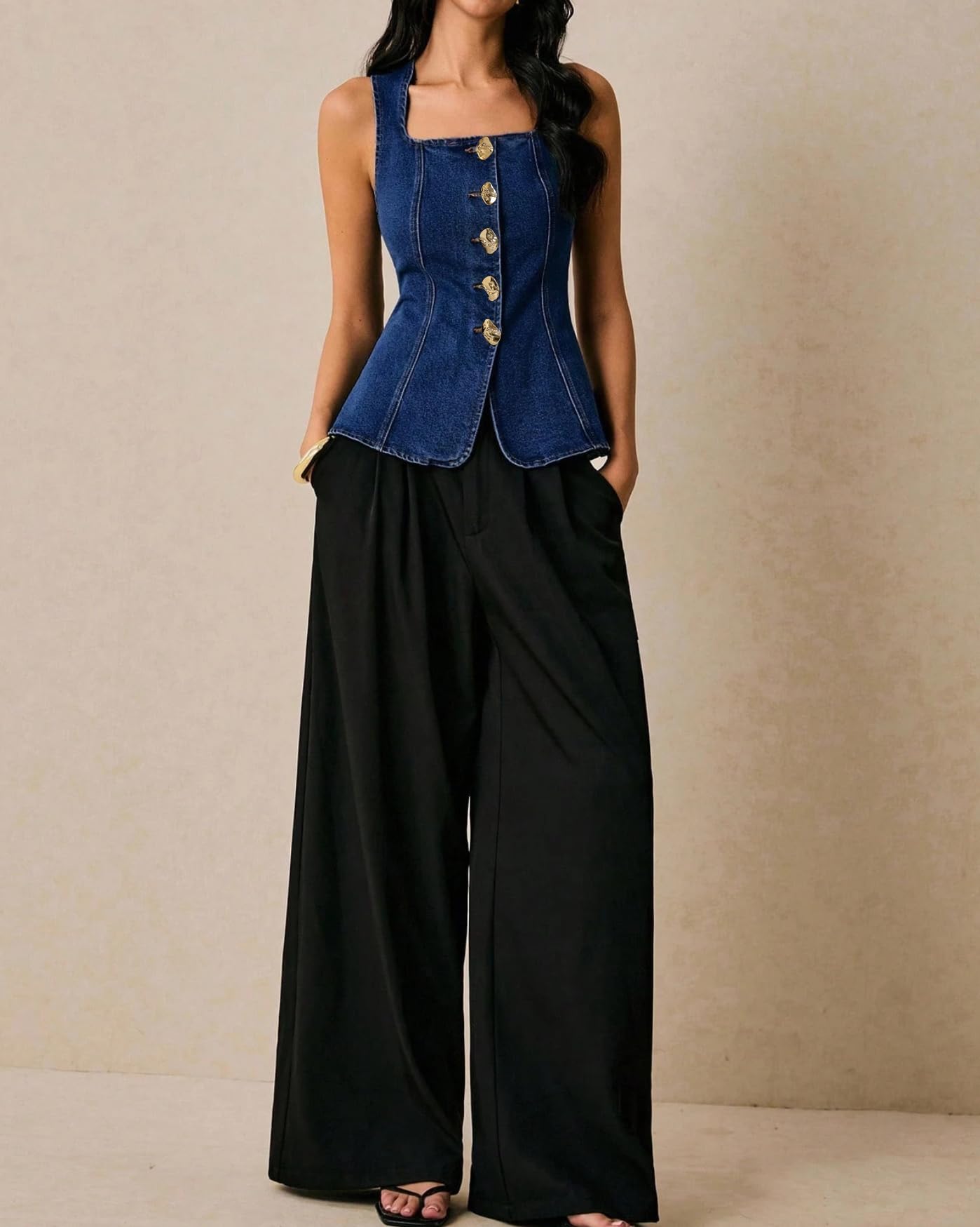 EZAPINE Canotta da donna in denim con bottoni in metallo senza maniche scollo quadrato slim fit gilet jeans