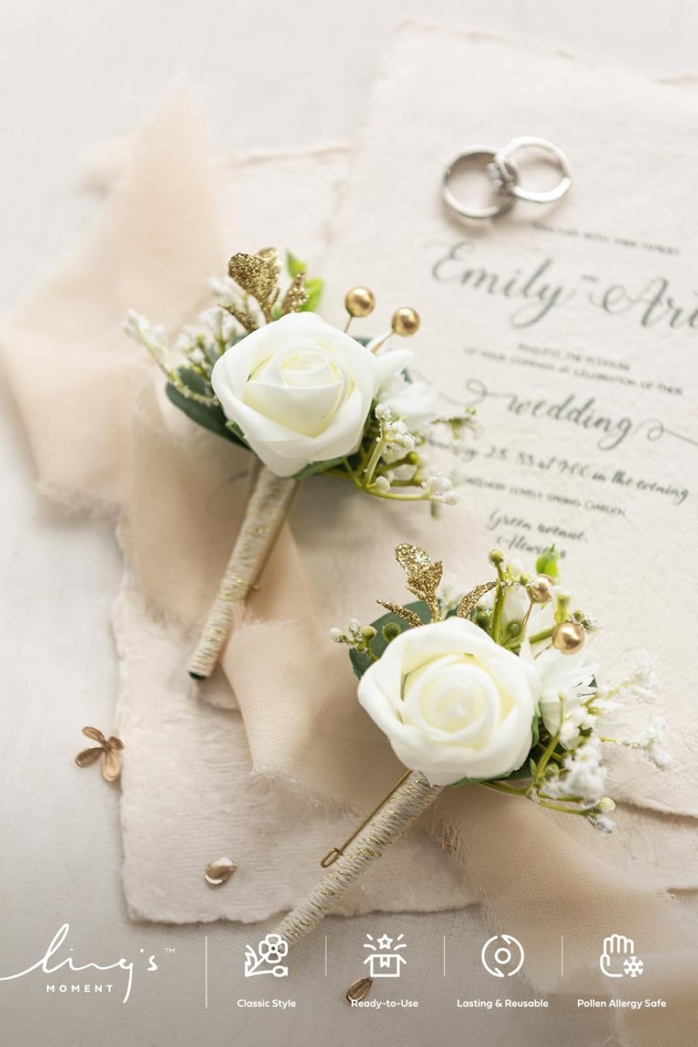 Ling's moment Boutonniere for Men, 2pcs Groom Groomsmen Guest Boutonniere, Artificial Flowers for Wedding/Prom/Homecoming, etc.White Baby Breath Ivory Wht-white Baby Breath & Ivory