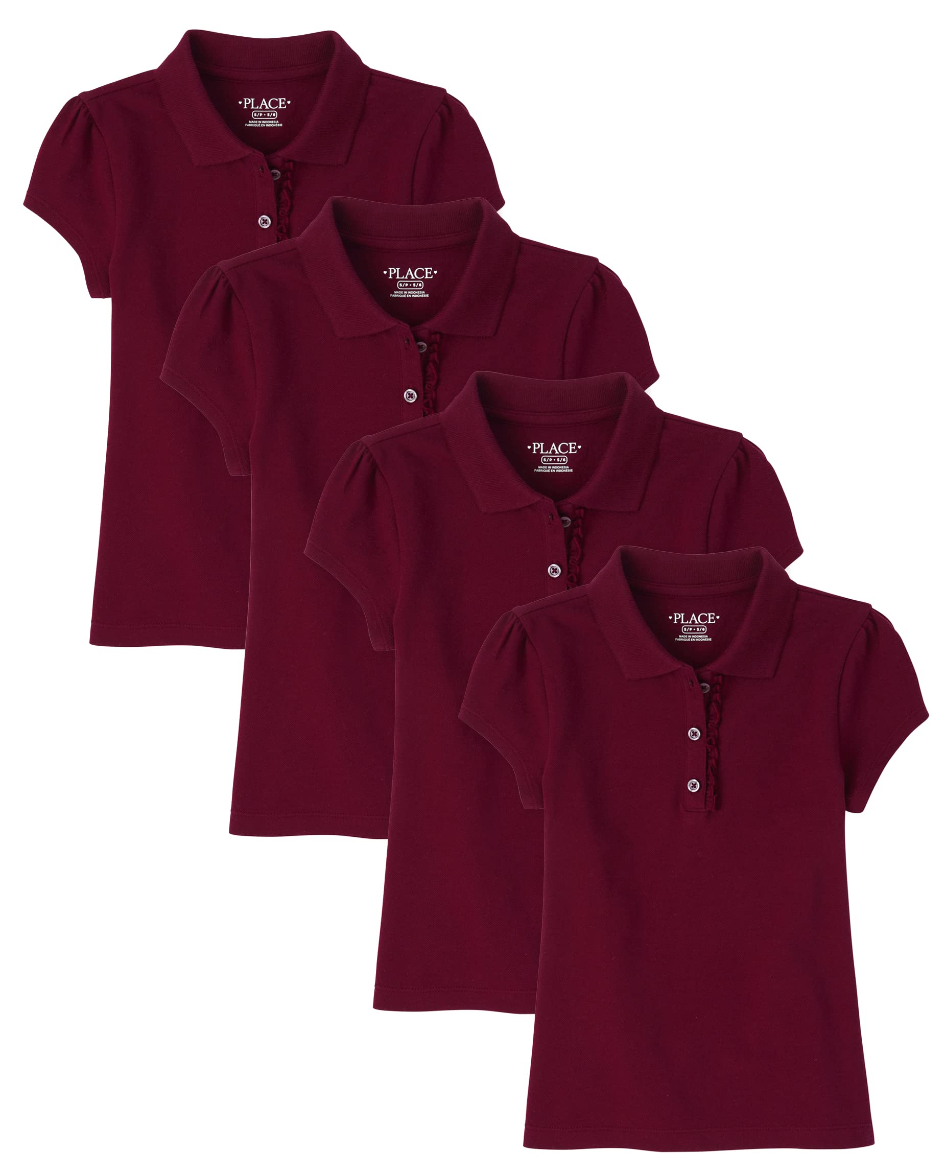 The Children's Place Girls Short Sleeve Ruffle Pique Polo Multipack, Rubine 4-Pack, S
