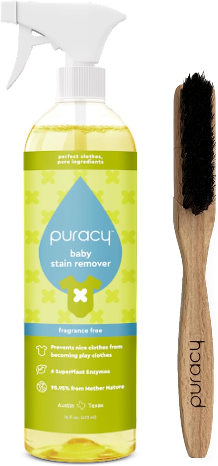 Puracy Natural Baby Laundry Stain Remover, Enzyme Odor Eliminator, Free & Clear 16 Fl Oz and Laundry Stain Remover Brush for Tough Stains, Effective Stain and Odor Eliminiation Bundle