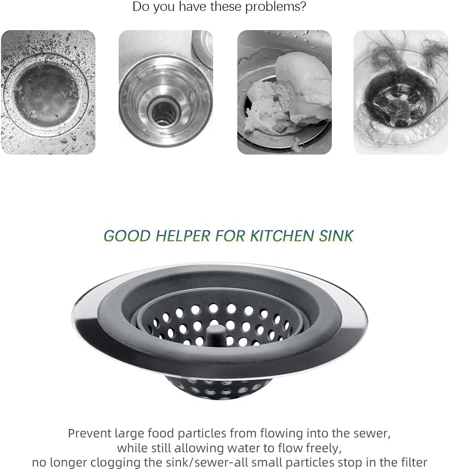2PCS Sink Strainers,Flexible Silicone and Stainless Steel Kitchen Sink Drainer Baskets，Large Wide Rim 4.5 inch Diameter,Rust Free,Prevent Food Residues from Clogging (Gray)