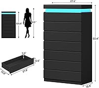 Vista 2 de Cómoda alta de 7 cajones con luz LED, cómoda moderna negra para dormitorio, vestidor de armario con cajones para sala de estar, entrada, pasillo