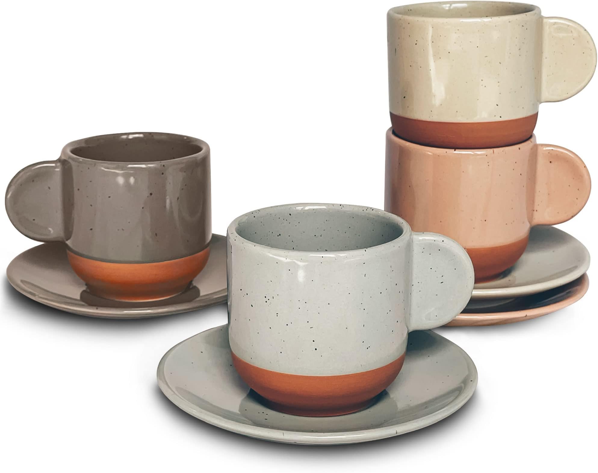 Ceramic Mini Espresso Cups Set of 4, 3oz - Tiny Italian Inspired Mugs With Saucers For Small Shots of Coffee - Modern Boho Style For Any Kitchen or Cafe. Microwave Safe Porcelain - Asstd Neutrals