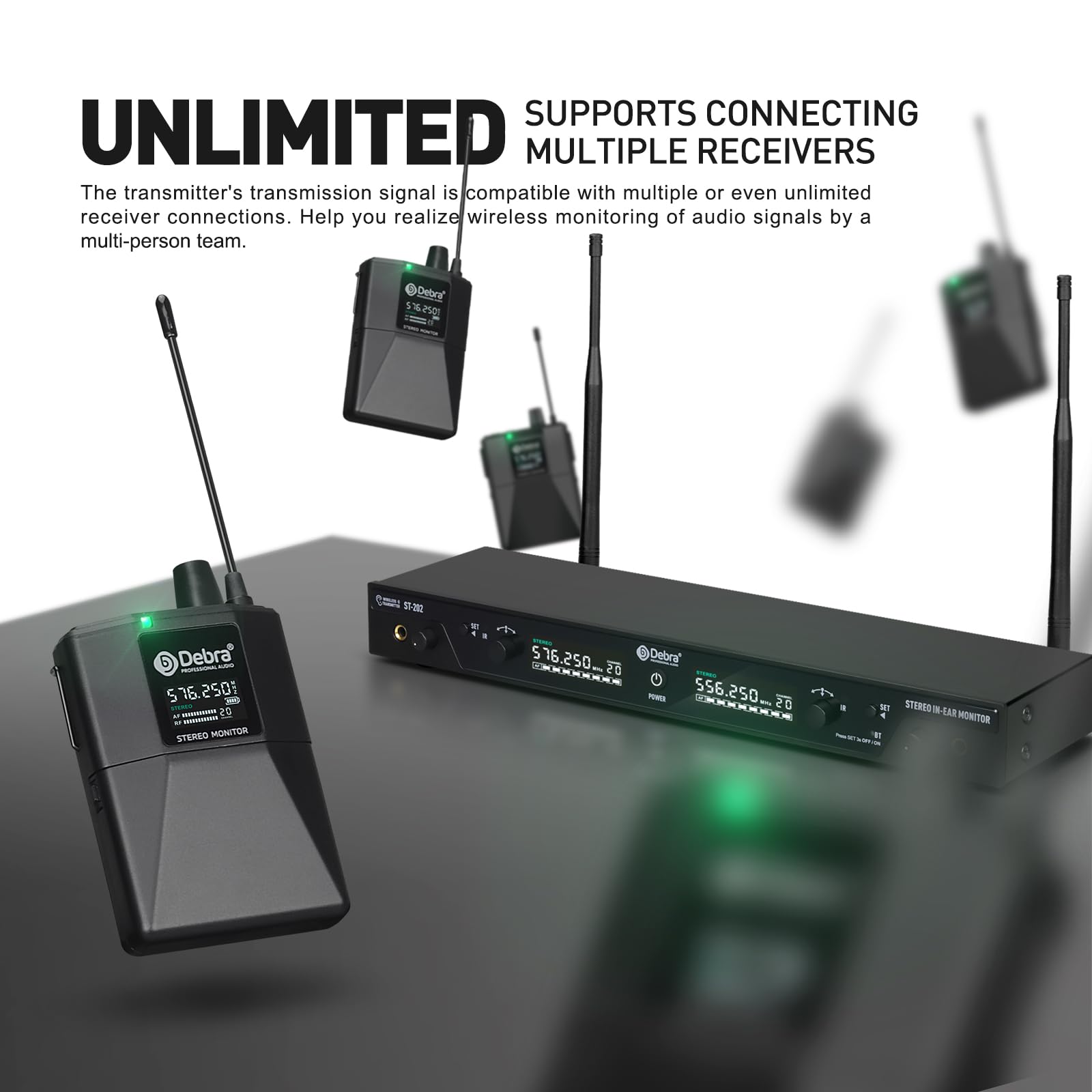 Debra UHF - Sistema di monitoraggio in-ear senza fili con auricolari (Dual Channel,4 Bodypack)