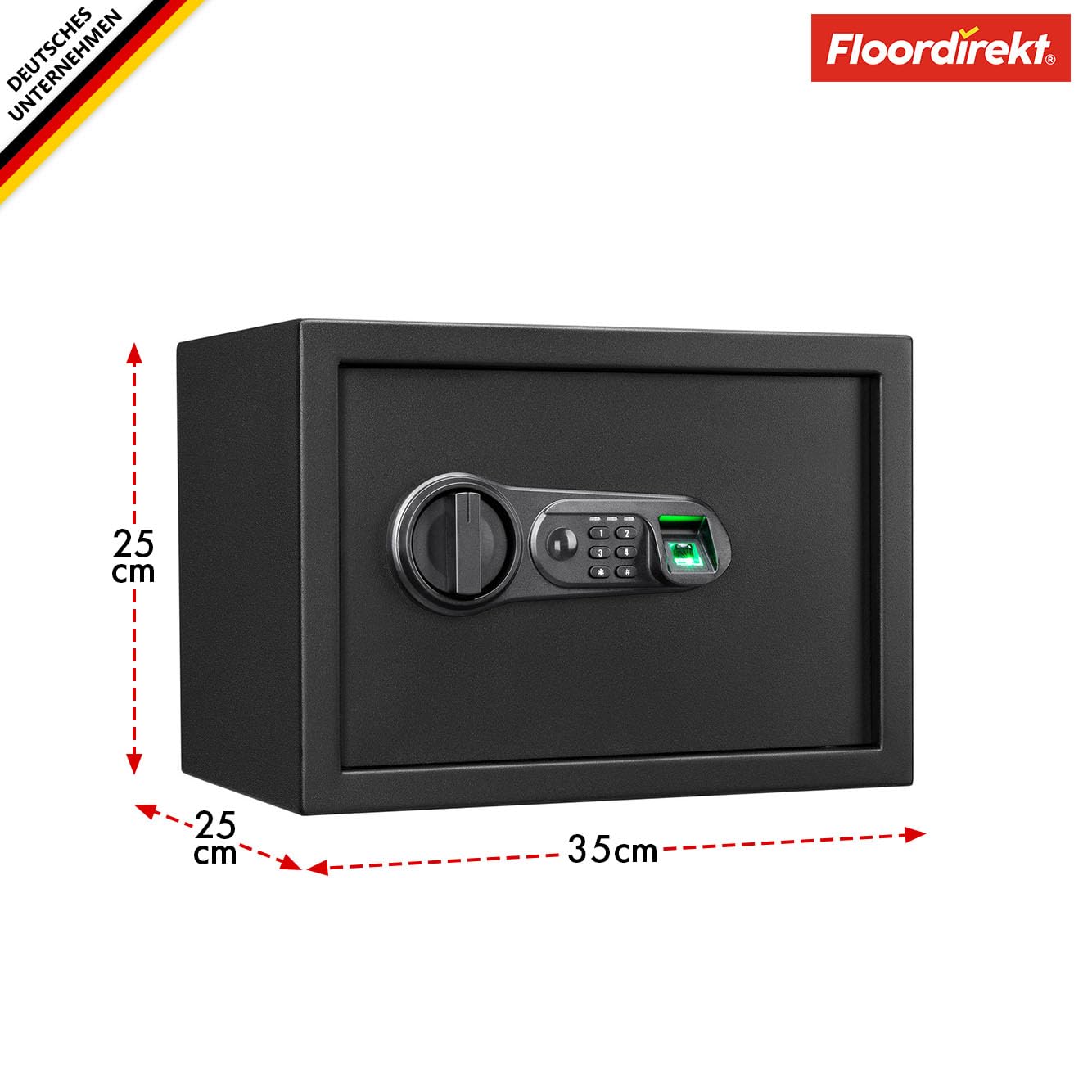Floordirekt Cassaforte Catoca 25 x 35 x 25 cm - Cassaforte per mobili con impronte digitali e serratura a combinazione, piccola cassaforte da parete per casa, cassaforte con chiave