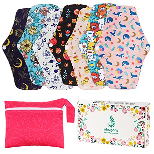 PHOGARY 7 Unidades Compresas Reutilizables para Menstruación, Compresas de Noche Lavables para Flujo Menstrual Abundante, Salvaslip Algodon con Alas para el Cuidado Nocturno, Deportivo y Posparto