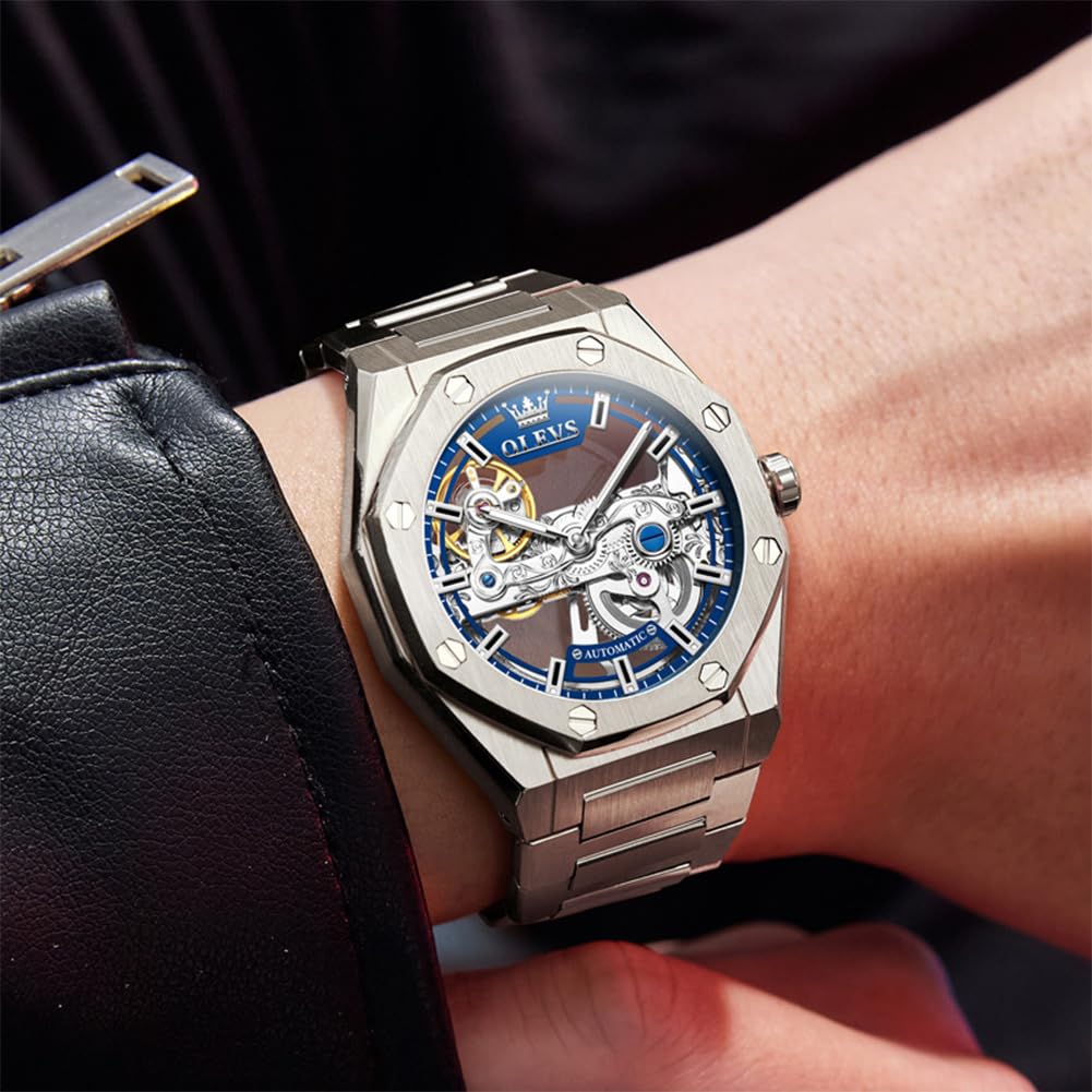 OLEVS Montre squelette automatique pour hommes montres mécaniques de luxe | Montre-bracelet à remontage automatique, sans pile, acier inoxydable, étanche 3TM, montre de sport, 42 mm
