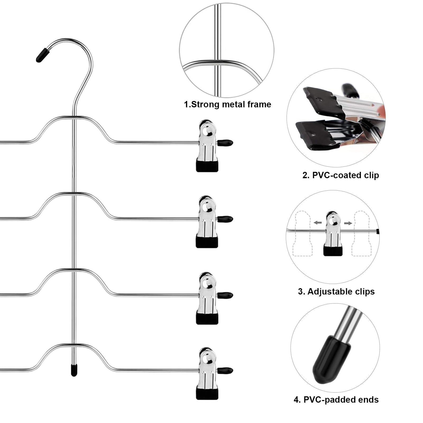 ABHENG Hosenbügel Kleiderbügel, Metall Kleiderbügel mit Anti-Rutsch für Hosen Röcke Socken Unterwäsche, 3er Set, für je 4 Hosen, mit 8 verstellbaren Klammern, Silbern-Schwarz,32B x 35H cm, AIY0103B