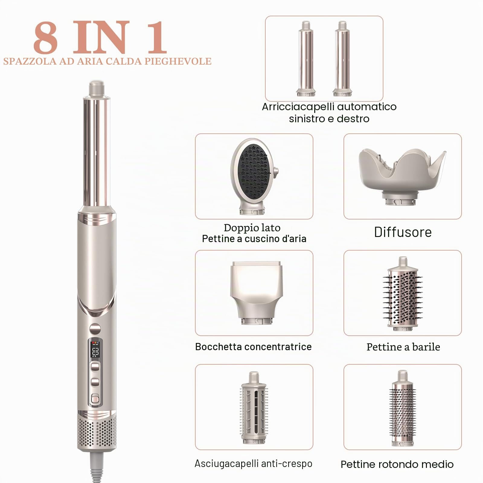 Asciugacapelli 8 in 1, multihairstyler AirStyler, 1600 W, con motore da 110.000 giri/min, con pettine ad aria, ferro arricciacapelli (sinistra e destra), diffusore, bocchetta d'aria (champagne)